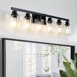 6-Light Black Vanity Lights 38'' Modern Bathroom Vanity Lighting Fixtures Above Mirror Industrial Matte Bathroom Light Fixtures, Bath Wall Light Fixtures, Black Wall Sconces