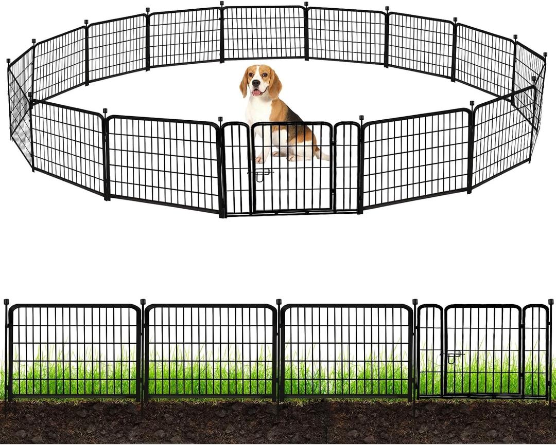 ADAVIN 24 in(H) Garden Fence with Gate, 14 Panels Heavy Duty Iron Metal Animal Barrier Fence, Camping Fence, Garden Fences and Borders for Dogs,Total 34.5 Ft(L), Black