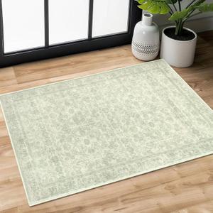 2x3 Washable Rug Soft Area Rug for Entryway, Sage Green Non-Slip Indoor Door Mat Distressed Floral Low-Pile Kitchen Rugs, Neutral Vintage Carpet for Entrance Kitchen Bedside Farmhouse (Light Sage Green and Ivory)