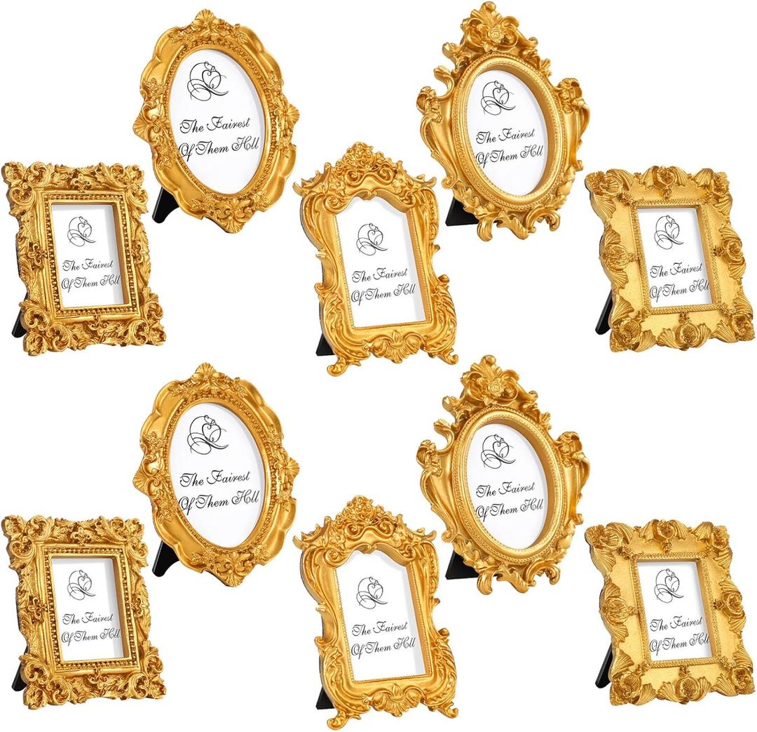 Maitys 10 Pcs Mini Picture Vintage Frames with Stands Tiny Antique Photo Baroque Ornate Resin Oval Frame Table Top Display Home Wedding Decor (Gold)