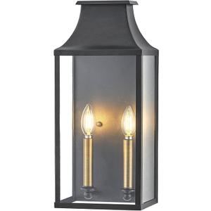 18"Medium Classic Outdoor Wall Lantern Light For House Exterior,Handcrafted Satin Black Metal Cage Mounted Pocket Wall Sconce W/Clear Tempered Glass,Waterproof for Porch, Patio, Garage&Front Door E12