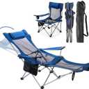 Reclining Folding Camping Chair with Removabel Footrest, Adjustable Folde Camping Chair with Foot Rest, Camp Lounge Outdoor Beach Chair, Mesh Reclining Design, with Pillow Cup Holder, Blue Mesh, Standard