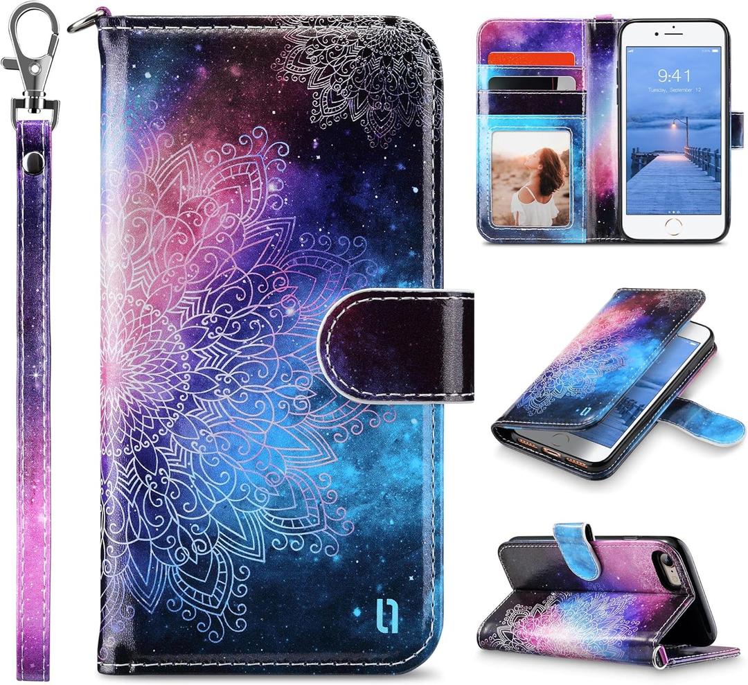 ULAK for iPhone SE 3(2022)/SE(2020)/8/7 Wallet Case with Card Holder, Premium Floral PU Leather Flip Case with Kickstand Card Slots,Wrist Strap, Durable Shockproof Cover 4.7 Inch, Mandala