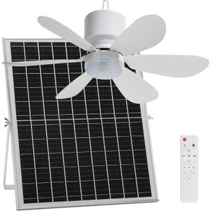 21.5'' Solar Rechargeable Ceiling Fan Light Kit for Outside Gazebo, Patio, Canopy Tent, Shed, Greenhouse, 64 Wh Battery Operated with 25W Solar Powered, Remote Control, 13.2 FT Cord Length