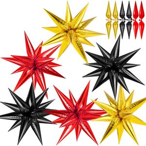 Red Black and Gold Star Balloons, 72 Pcs Large Mylar Explosion Balloons, 12 Point Spike Foil Cone Balloon for New Year, Birthday, Graduation, Anniversary, Movie Night, Party Decoration