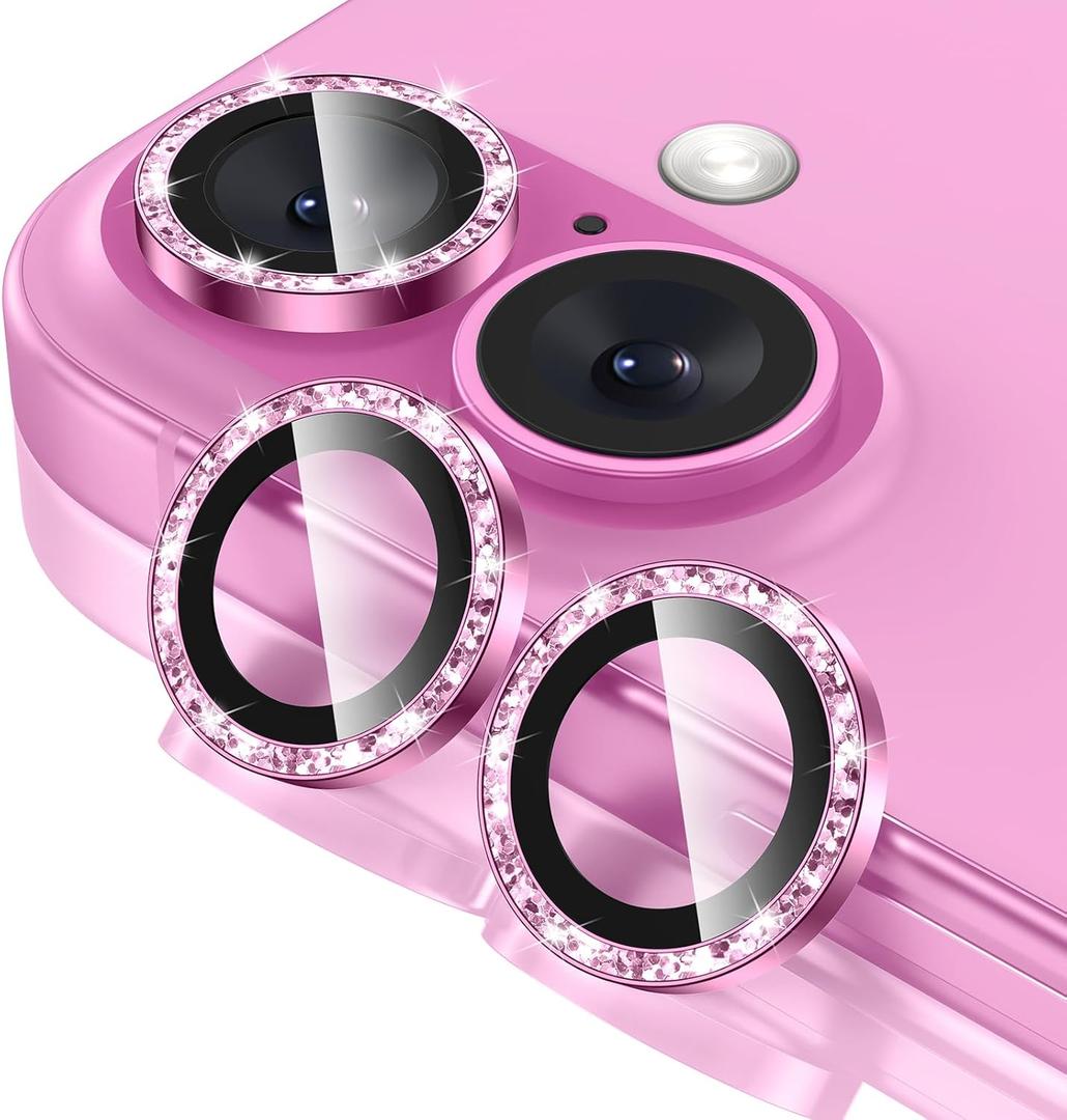 Tensea for iPhone 16 / iPhone 16 Plus Camera Lens Protector, 9H Tempered Glass Camera Cover Screen Protector, HD Clear, Metal Individual Ring for iPhone 16 6.1inch/16 Plus 6.7inch (Glitter Pink-1pc)