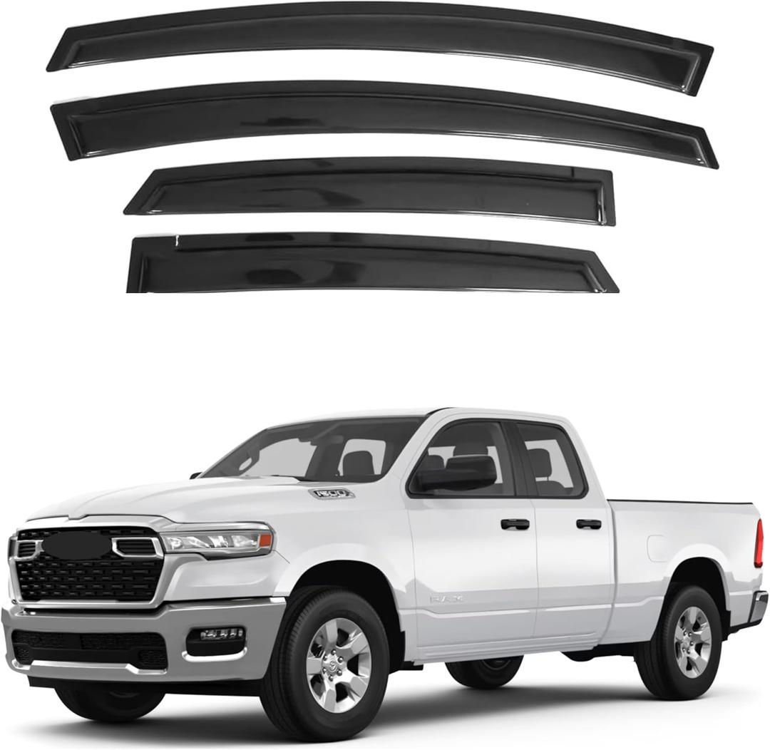 IG Window Visor for 2019-2024 RAM 1500 Quad Cab, Rain Guard Tape-On Extra Durable Sun Wind Side Vent Window Deflector, 2019 2020 2021 2022 2023 2024 (Quad Cab Only) Only for New Body Style