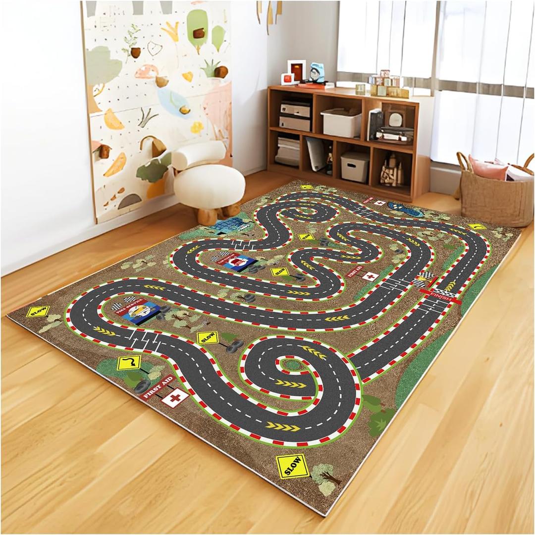 Kids Rug Car Rugs for Kids Toy Cars Play Mat City Life Road Rug for Cars Fun City Map for Carpet for Bedroom Boys (Sand Track, 63 * 94 inches) 