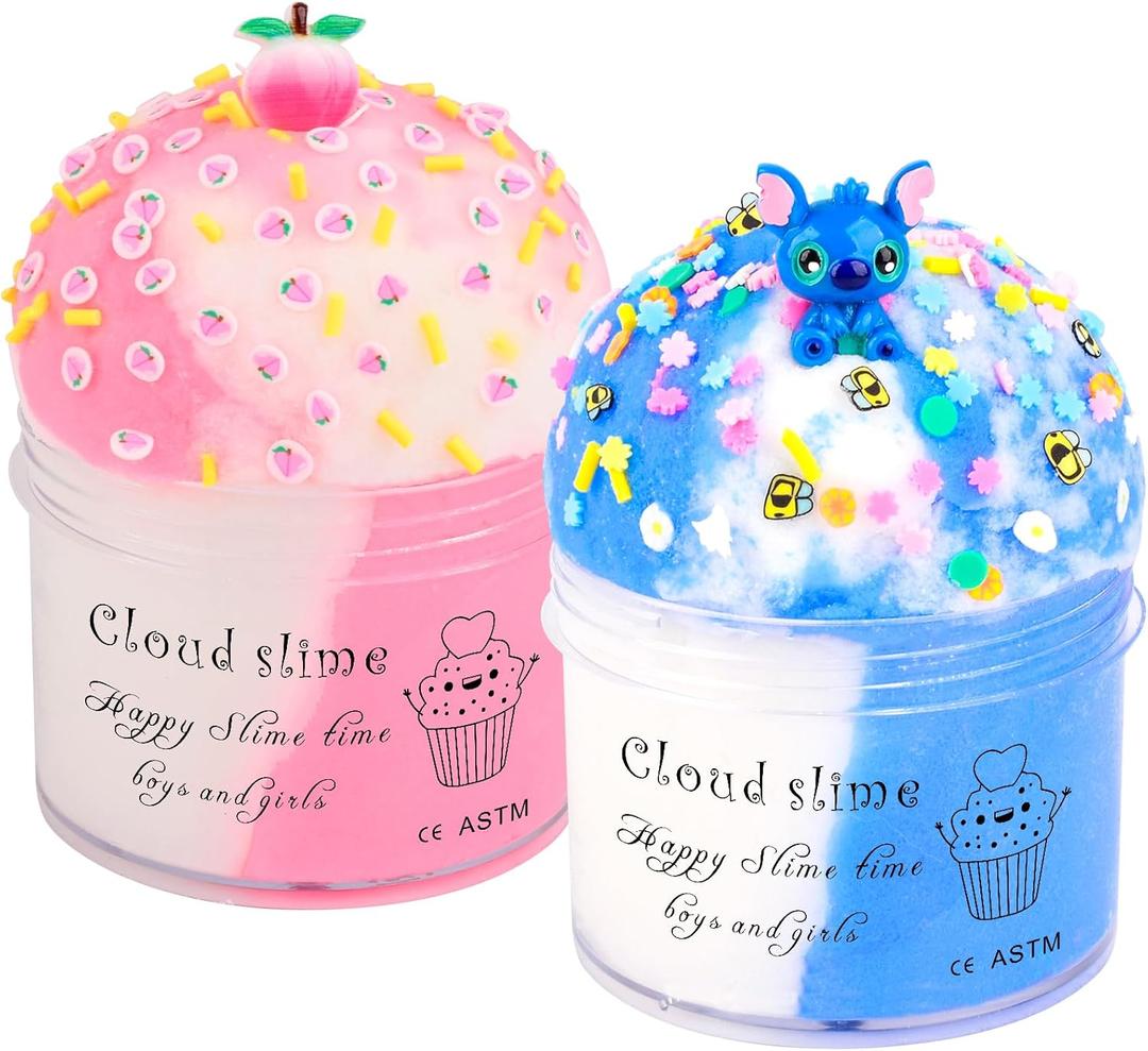 2 Pack Cloud Slime Kit with Blue Cake and Pink Charms, Scented DIY Slime Supplies for Girls and Boys, Stress Relief Toy for Kids Education, Party Favor, Gift and Birthday