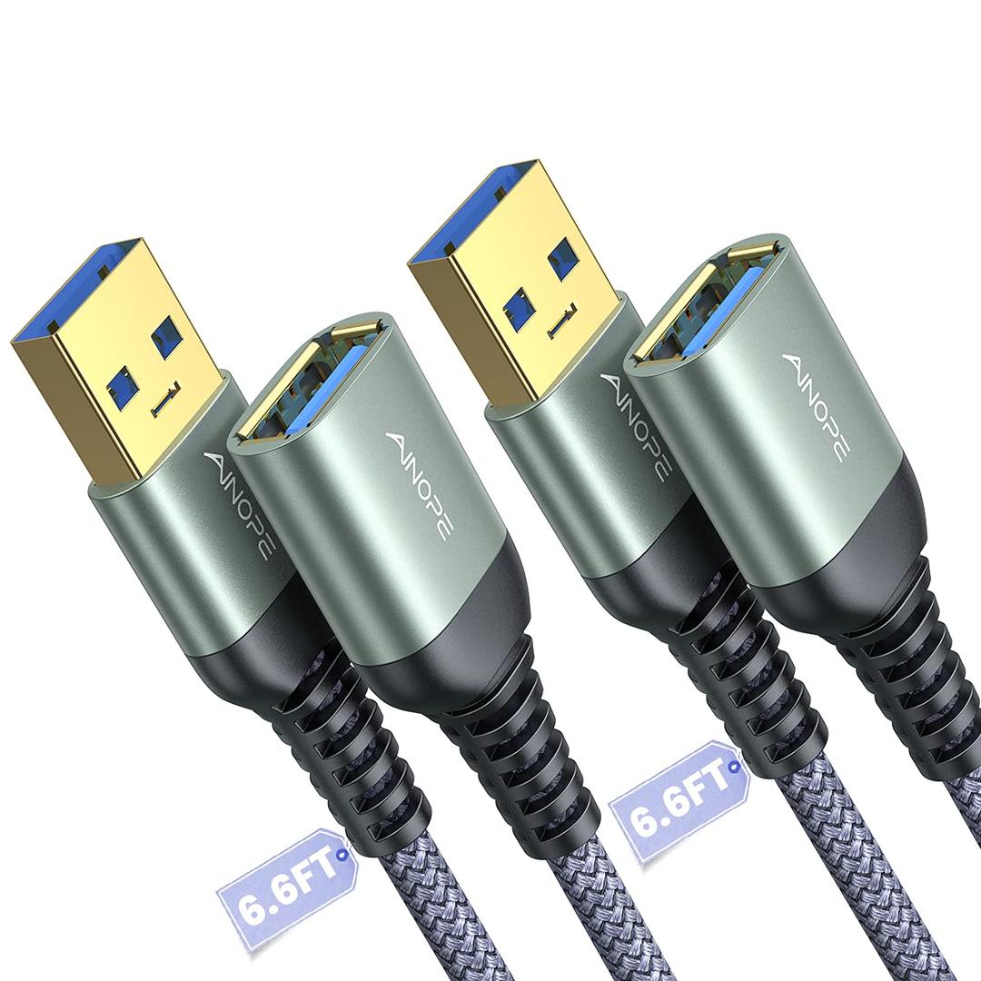 AINOPE 2 Pack USB Extensions Cable High Speed USB 3.0 Extension Cord Type A Male to Female Sturdy Braided Material Fast Data Transfer Compatible with USB Keyboard, Mouse, Flash Drive, Grey,6.6FT+6.6FT