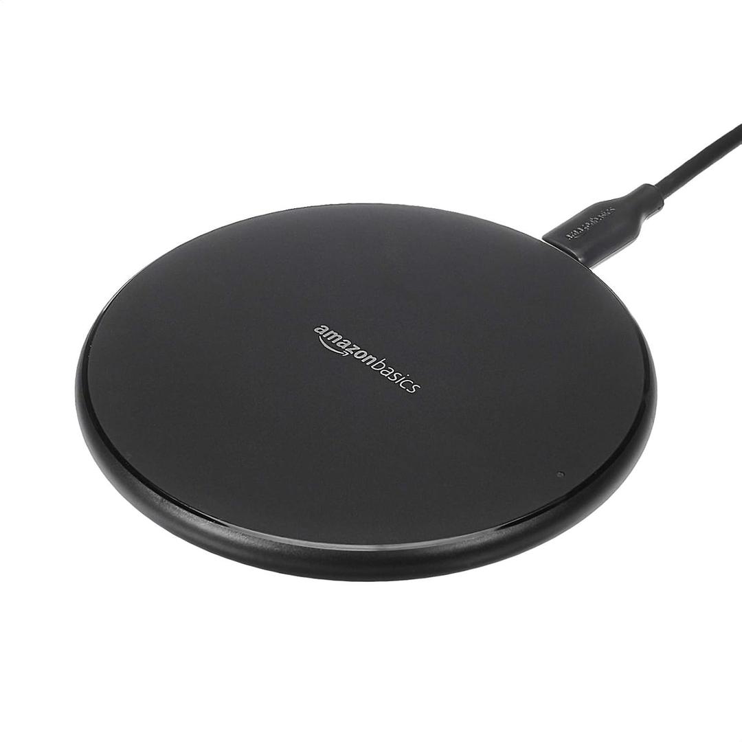 Amazon Basics 15W Qi Certified Fast Wireless Charging Pad with USB Cable for iPhone 15/ 14/ 13/ 12/ 11/ X, Samsung and LG, Case Compatible, Black