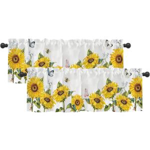 2 Pack Vibrant Sunflower Window Valance for Bedroom Living Room, Yellow Sun Flower Curtains Valanes for Windows, 3" Rod Pocket Window Treatment for Animal Summer Home Decor, 54 x 18 Inch, 2 Panel