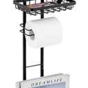 Oasis Creations Toilet Paper Holder Tissue Rack Stand with Magazine Toilet Roll Storage Basket- Freestanding, Black Metal