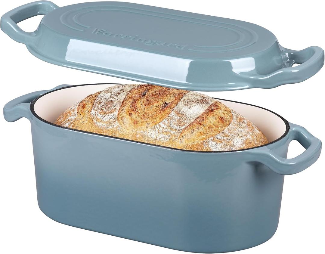 VORRINGARD Oval Dutch Oven Pot with Lid, Enamel Coating Cast Iron Bread Pans for Homemade Sourdough Bread Baking, Cooking, 4 Quart, Sea Salt