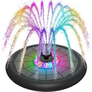 SZMP Powerful 5W Solar Powered Water Fountain for Bird Bath, Upgraded Glass Panel with Colorful Light Show, 7 Nozzles, Anti-Drift Fixer, 2000mAh Battery