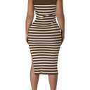 Women's Casual Sleeveless Tank Stretchy Striped Ribbed Knit Bodycon Slit Midi Round Neck Dresses Brown (Brown, S)