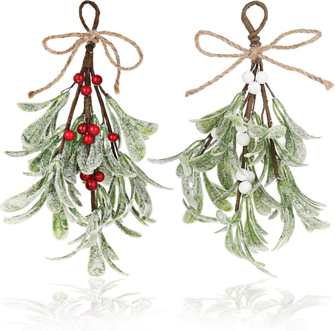 Christmas Mistletoe Decor, 2 Pcs Artificial Mistletoe Ornament Mistletoe Hanging Decorations Glitter Christmas Tree Accessories Artificial Dry Leaf Hanging Decoration for Tree Door (Red+white)
