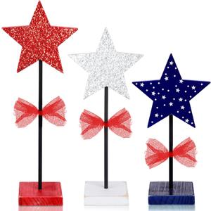 Amyhill 3 Pcs 4th of July Stars Decoration Patriotic Centerpieces Wooden Standing Star Block Memorial Day Decoration Rustic Independence Day Centerpieces for American Festival(Fresh Style)