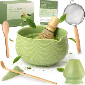 Matcha Kit Whisk Set (7 Pcs) - Complete Matcha Set, Matcha Bowl with Spout, Whisk with Holder, Bamboo Scoop with Rest and Sifter, Perfect Kit for Matcha Lovers (Green Mist)