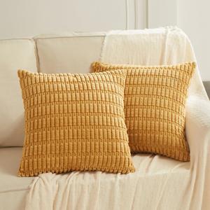 Fancy Homi 2 Packs Mustard Yellow Decorative Throw Pillow Covers 20x20 Inch for Living Room Couch Bed Sofa, Soft Striped Corduroy Square Cushion Case 50x50 cm, Rustic Farmhouse Boho Home Decor
