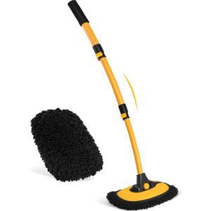 Ordenado 15Curved Car Wash Brush with Long Handle, 43" Car Cleaning Brush with Extension Pole, Microfiber RV Wash Mop Scratch-Free, Exterior Washer Mop for Washing Roof Truck Camper SUV Caravan Boat (Black and Yellow)