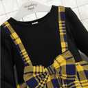 WDIRARA Toddler Girl's Plaid Bow Front Ribbed Knit Round Neck Long Sleeve A Line Dress