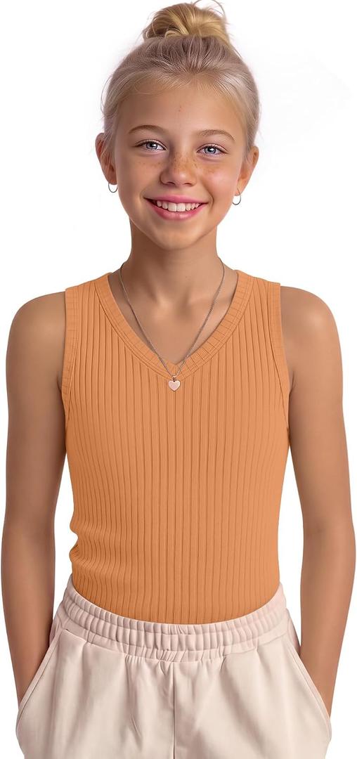 Girls' Tank Tops Sleeveless Shirts | Ribbed Knit, V Neck, Slim Fit, Summer, Casual, Basic Undershirts, Cute, for Kids 5-14Y, Teen, Solid Color, Back to School