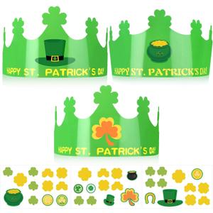 2 x Hooqict St. Patrick's Day Crown Crafts 30 Pack St Patricks Day Hats for Kids Classroom Paper Crowns with Shamrock Green Hat Stickers Party Favors