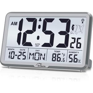 WallarGe Atomic Wall Clock with Backlight, Digital Wall Clock Battery Operated for Classroom, Bedroom, Office, Large Display with Indoor Temperature, Humidity, Date, AUTO DST, 6 Time Zones