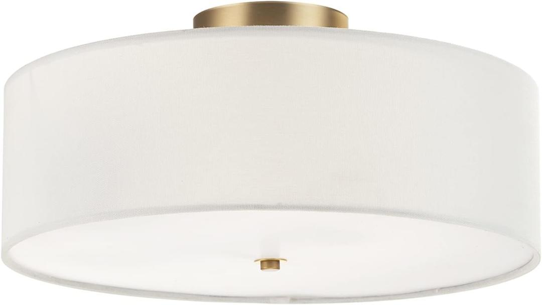 Globe Electric 2-Light Flush Mount Ceiling Light, Matte Brass Finish, White Linen Shade, E26 Base, Dimmable, Minimalist Home Lighting, 60998