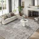10x10 ft Square Living Room Rug  Washable Modern Abstract Area Rug for Bedroom, Dining Room, Playroom  Neutral Non-Slip Low-Pile Thin Indoor Carpet (Beige Grey)