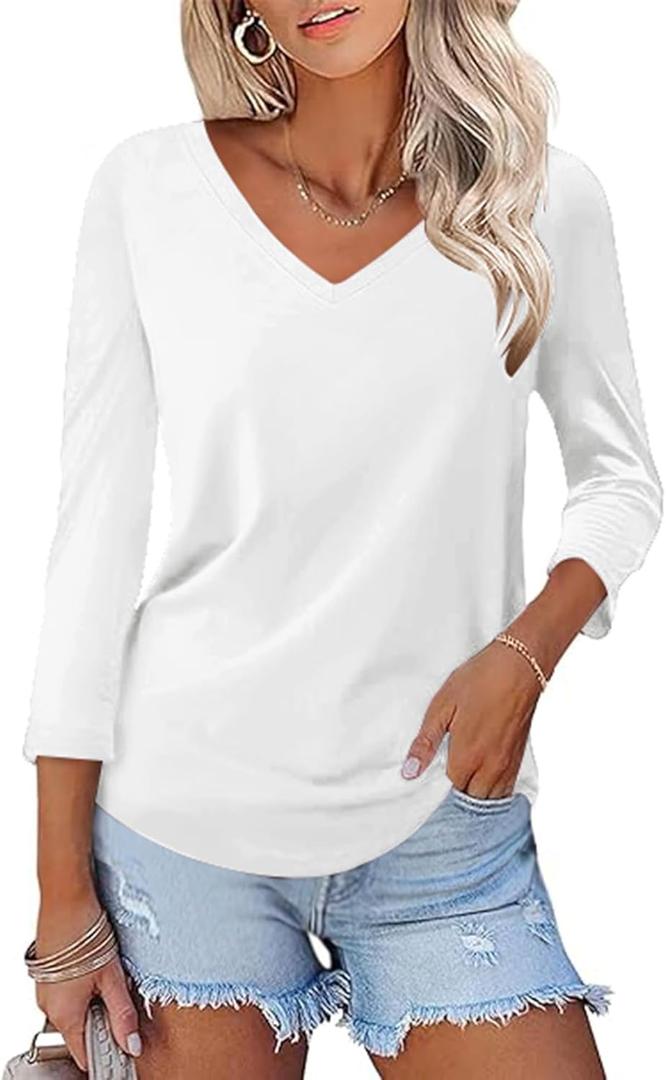 KTILG Women's V Neck T Shirts 3/4 Sleeve Blouse Summer Tops Dressy Casual Solid Basic Tees