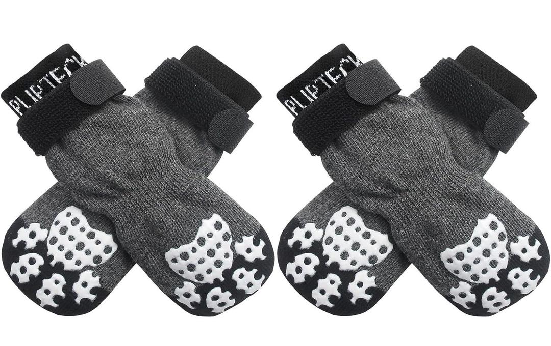 PUPTECK Anti-Slip Dog Socks with Double Sides Grips for Small Medium Large Dogs Hardwood Floors Prevents Licking, Dog Shoes for Hot Pavement Traction Control Paw Protector for Senior Dogs, Grey S,4 Count
