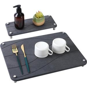 Patelai 2 Pack Stone Dish Drying Mat for Kitchen Counter, 15.7x11.8 Inches Quick Dry Diatomaceous Dish Drying Mats, Water Absorbing Sink Stone Tray, Gray