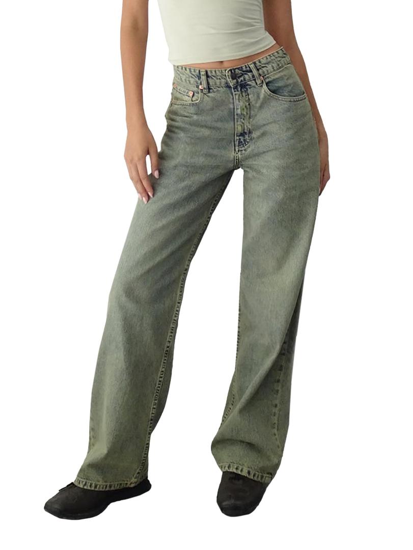 EMMIOL Low Rise Baggy Jeans for Women, Straight Leg Vintage Y2K Denim Pants (Blue, XL)