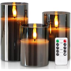 Homemory Grey Glass Flameless Candles, Battery Operated LED Pillar Candles with Remote Control and Timer, Radiance Candles, Real Wax, Set of 3, D3 xH4 5" 6"
