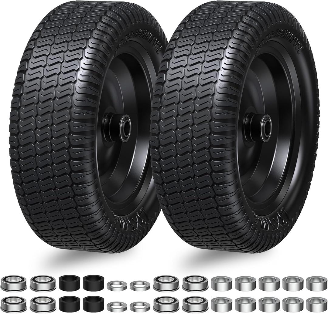 13x5.00-6 Flat Free Tires and Wheel Assemblies for Zero Turn Lawn Mower, Replacement Tires 2 Pack,13x5-6 Solid Tractor Turf Tire with Rim,3.1" Centered Hub and 3/4" Bearings S shaped tread