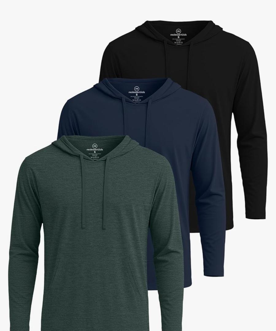 Real Essentials 3 Pack: Men's Cotton Lightweight Casual Pullover Drawstring Hoodie With Pocket,L