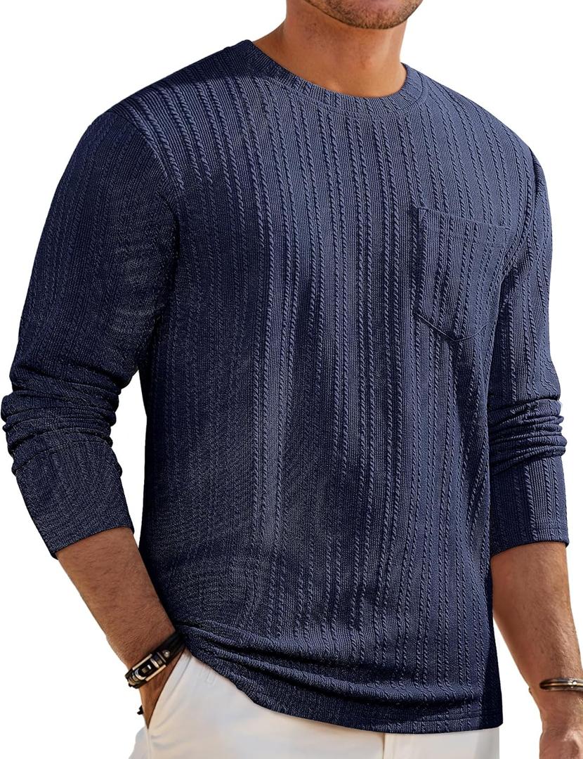 JMIERR Men's Long Sleeve Shirts Casual Crewneck Pullover T-Shirt Stretch Textured Knit Tee with Pocket (Navy Blue), S