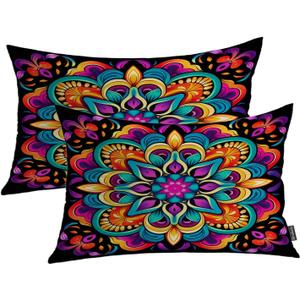 Shrahala Colorful Mandala Decorative Throw Pillow Cover, Vibrant Floral Pattern Lumbar Pillowcase Blended Double-Sided No Inserts for Bedroom Living Room Set of 2 (12 X 20 in)