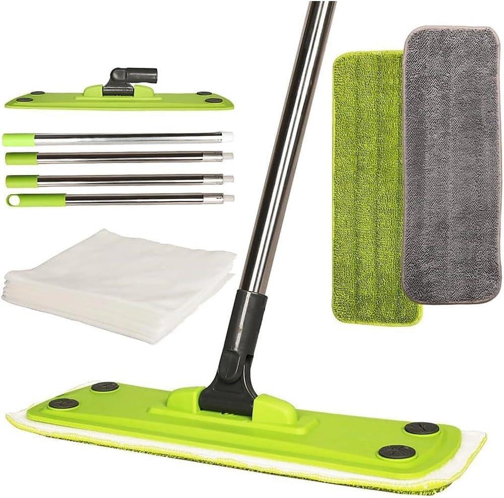 Microfiber Mop with 5 Dust Papers + 2 Washable Pads ,Wet & Dry & Dust Multi-Surface Floor Cleaning, Adjustable Stainless Steel Handle for Hardwood Cleaning, Tile, Vinyl & Walls (Green+Gray)