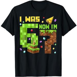 I was 6 Now I'm 7 Funny Pixel Block Gamer 7th Birthday T-Shirt, Small
