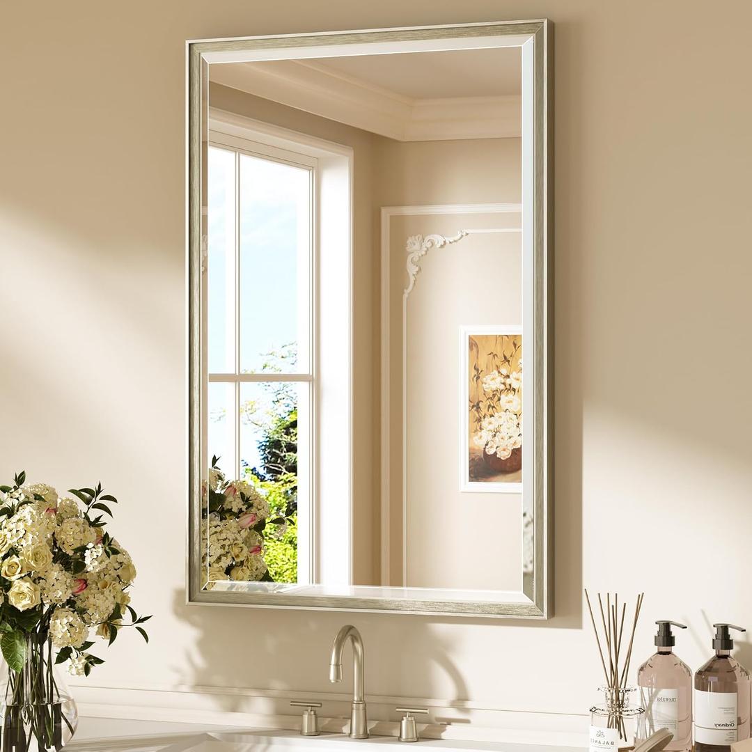 Keonjinn Brushed Nickel Bathroom Mirror 24 x 36 Inch, Aluminum Alloy Frame