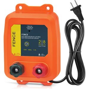 Electric Fence Charger PE2 0.10 Joule, 2-Mile/ 8 Acres Plug in Electric Fence Charger, for Dogs, Livestock, Squirrels, Chicken Coops (Orange)