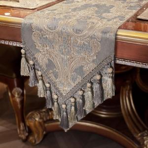 Loom and Mill Luxury Table Runner 108 Inches Long, Elegant Jacquard Dining Table Runners with Handmade Multi-Tassels for Dining Room Dresser Party Holiday Banquet Decoration(Gray, 13*108 inch) (Gray + Beige-Brown (Pattern))
