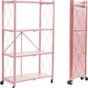 BRIAN & DANY 4-Tier Foldable Storage Shelves with Wheels, Folding Metal Rack Shelving Unit, Heavy Duty No Assembly Organizer Shelf for Garage, Kitchen, Basement, Pantry, Pink