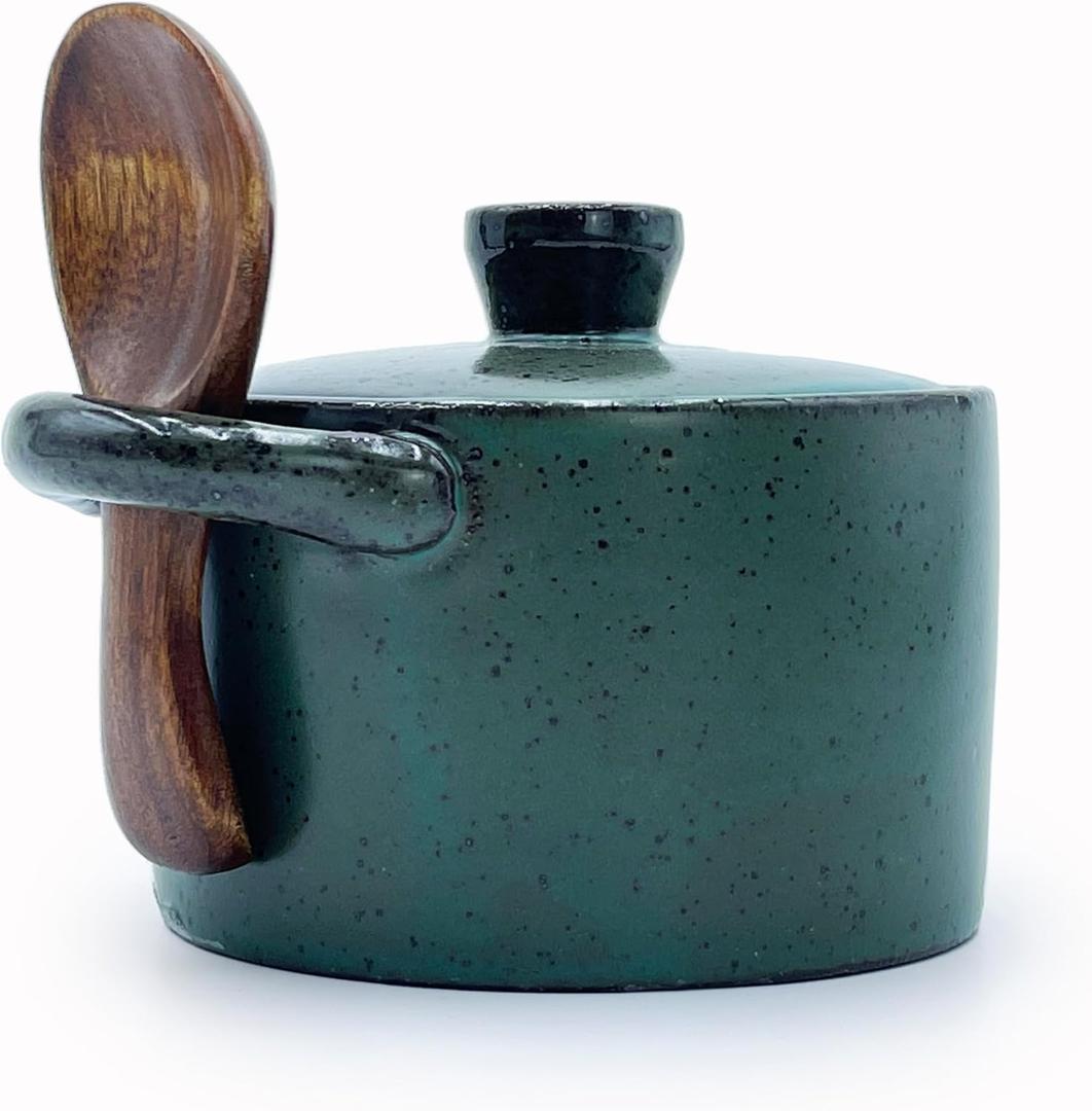 8 oz Ceramic Salt Cellar with Lid & Wooden Spoon,Countertop Salt Container,Sugar Bowl,Spices Jar| Artisan Kitchen Decor(Deep Blue)
