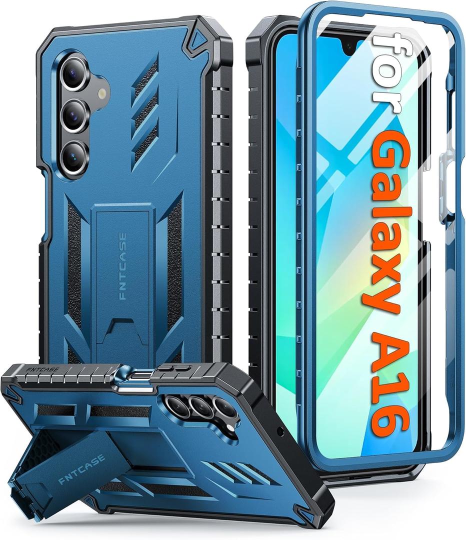 FNTCASE for Samsung Galaxy A16 5G Case: with [Built-in Screen Protector & Kickstand] [Military-Grade Drop Protection] Heavy Duty Protective Full Body Shockproof TPU Phone Cover Blue