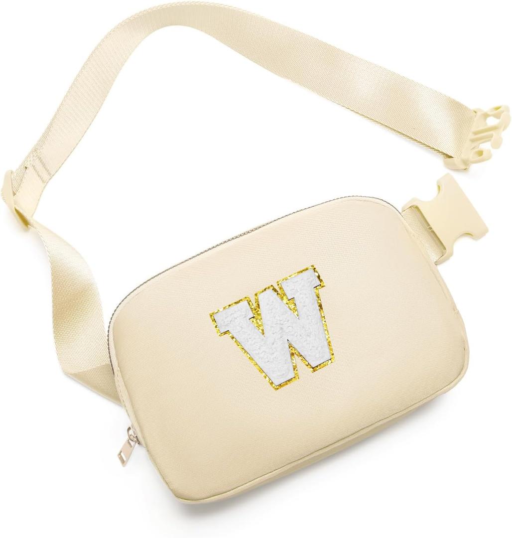 Gitus Birthday Gifts for 8 9 10 11 12 13 Year Old Girls Personalized Fanny Pack Crossbody Bags with Initial Letter Patch Belt Bag for Teen Girls Cute Trendy Stuff Travel Essentials (Beige-W)