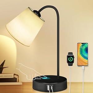 Gffuniy Touch Table Lamps for Bedroom, 3 Way Dimmable Bedside Lamp for Nightstand with USB C+A Ports and Outlet, 360°Adjustable Desk Lamp with Fabric Shade for Living Room, Home, Office